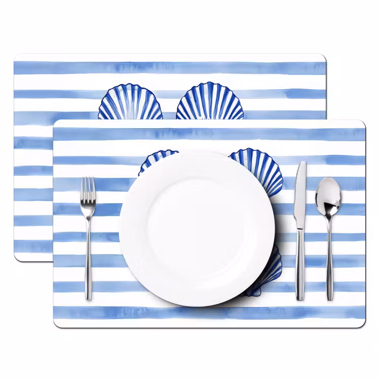Sets de table en vinyle - Quatre coquilles - Bleu - Blanc - Rayures — 2