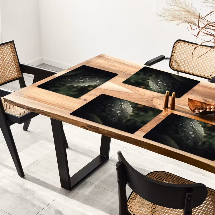 Sets de table en vinyle - Feuille - Vert - Veines - Gouttes de pluie — 4