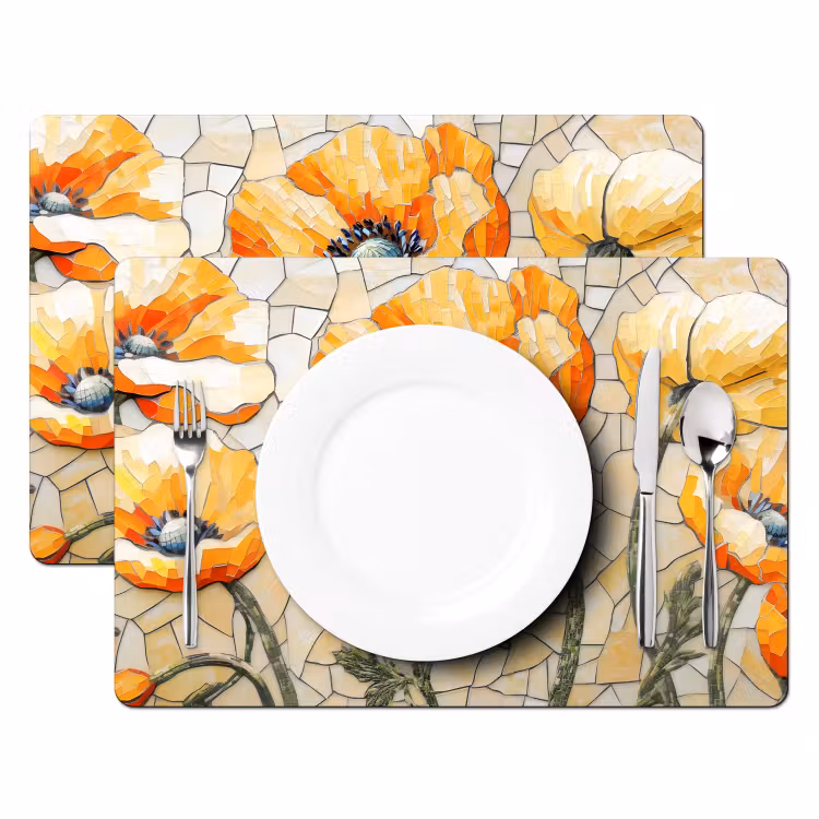 Sets de table en vinyle - Coquelicots - Orange - Mosaïque - Feuilles — 2