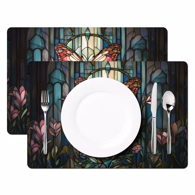 Sets de table en vinyle - Papillon - Rose - Fleurs - Feuilles — 2