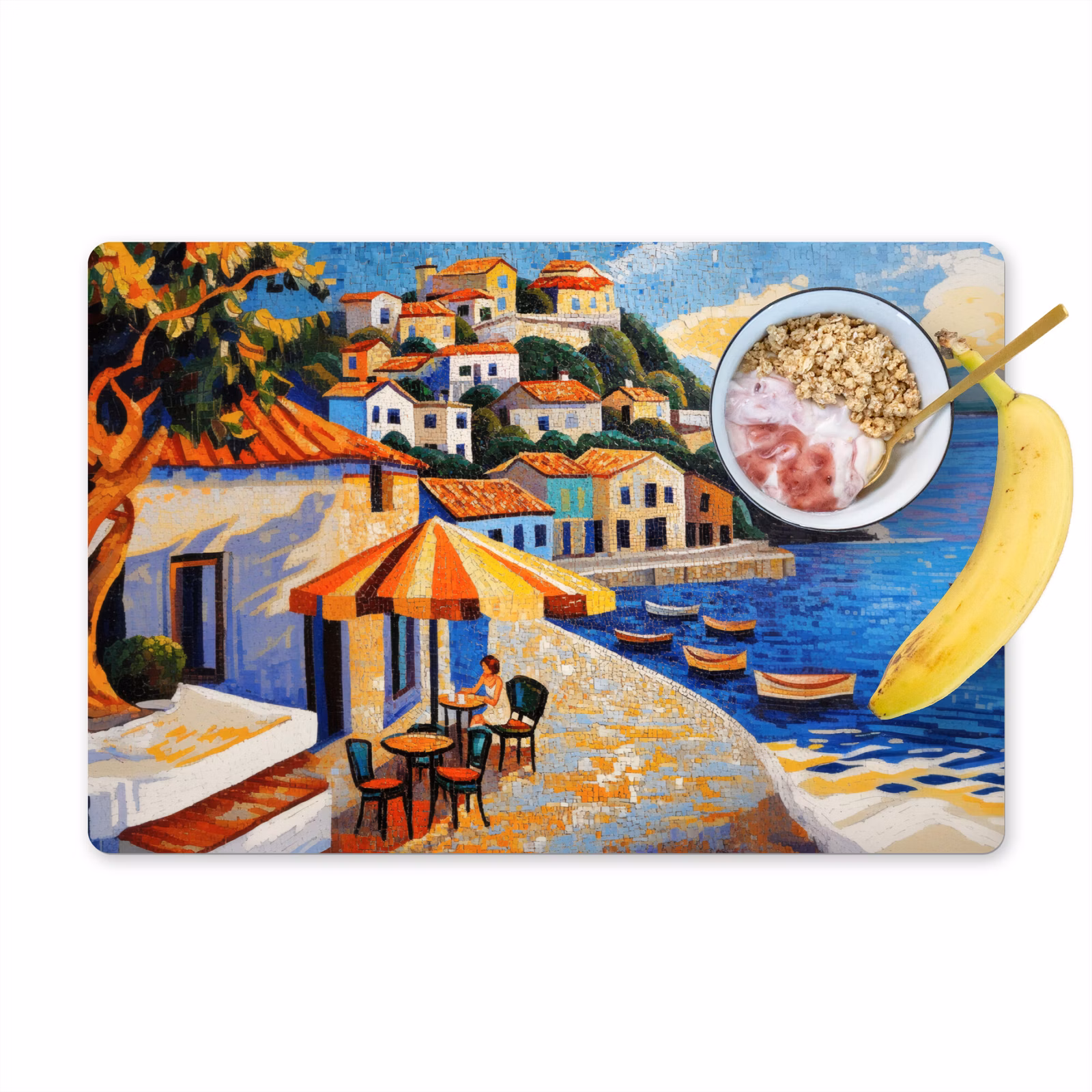 Sets de table en vinyle - Village côtier - Chalets - Mosaïque - Mer — 1