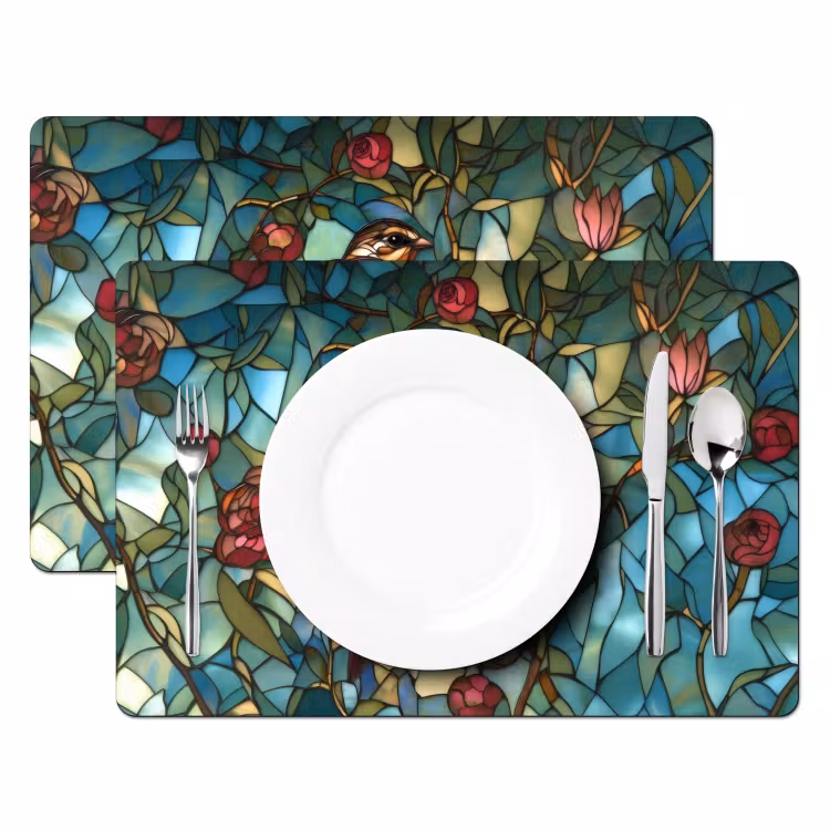 Sets de table en vinyle - Oiseau - Branche - Roses - Mosaïque — 2