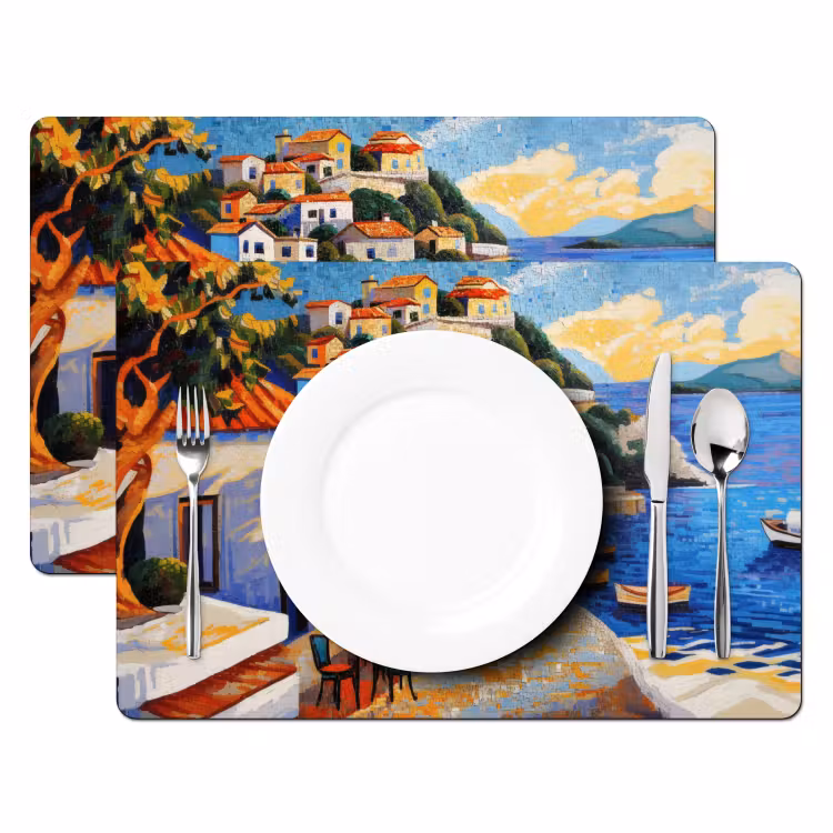 Sets de table en vinyle - Village côtier - Chalets - Mosaïque - Mer — 2