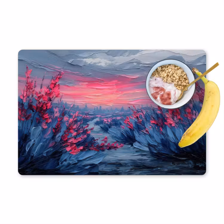 Sets de table en vinyle - Peinture - Coucher de soleil - Fleurs - Rivière — 1