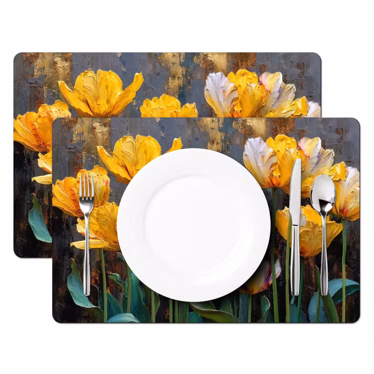 Sets de table en vinyle - Tulipes - Jaune - Coups de pinceau - Abstrait — 2