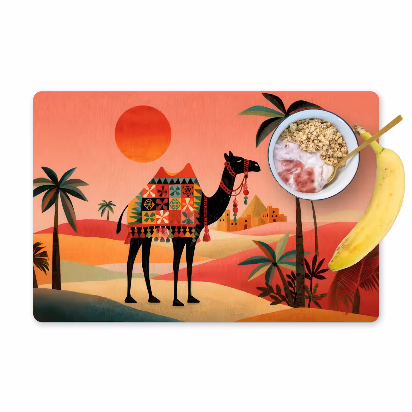 Sets de table en vinyle - Chameau - Tapis coloré - Dunes - Soleil rouge — 1