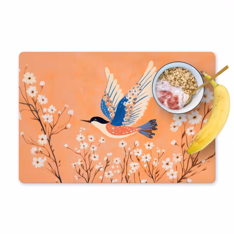 Sets de table en vinyle - Oiseau - Branches fleuries - Chaud - Coloré — 1