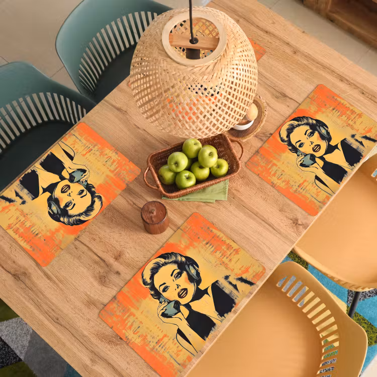Sets de table en vinyle - Retro - Femme - Ecouteurs - Orange — 3