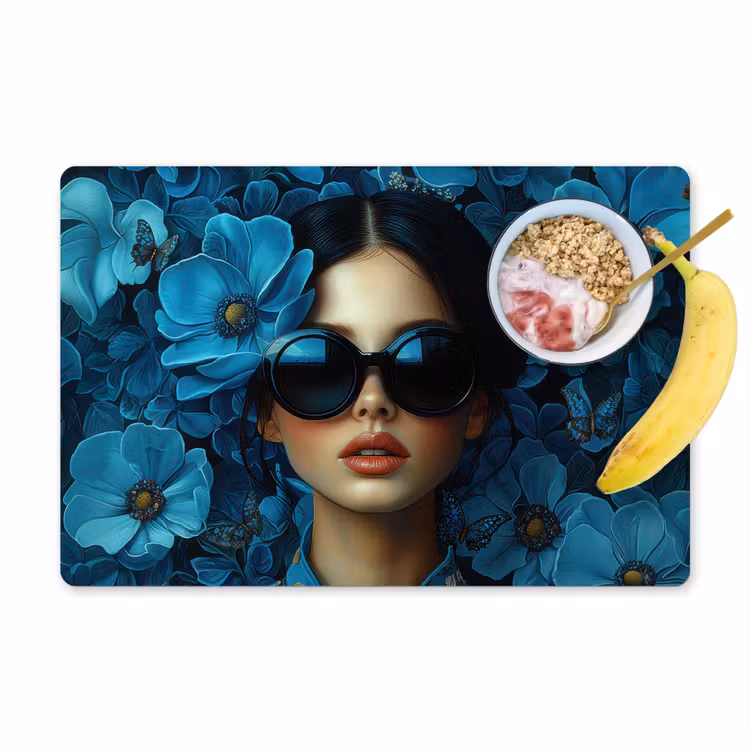 Sets de table en vinyle - Femme - Fleurs - Bleu - Esthétique - Luxe — 1