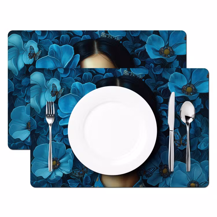 Sets de table en vinyle - Femme - Fleurs - Bleu - Esthétique - Luxe — 2