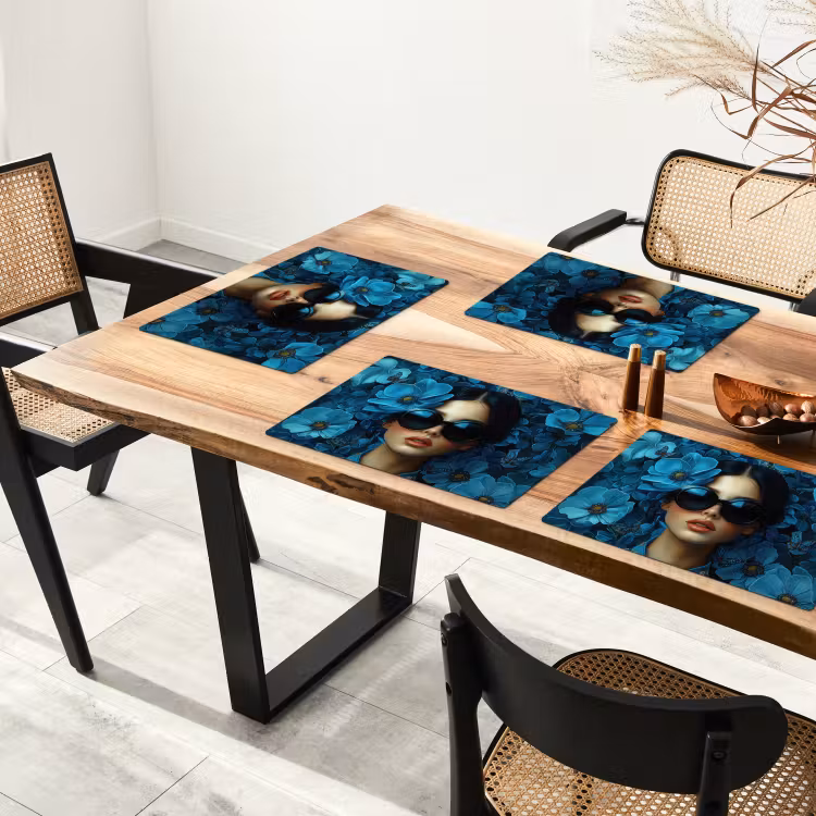 Sets de table en vinyle - Femme - Fleurs - Bleu - Esthétique - Luxe — 4
