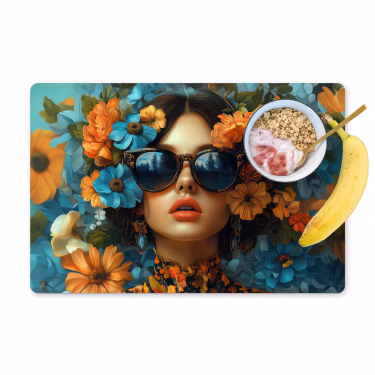 Sets de table en vinyle - Femme - Fleurs - Orange - Bleu - Moderne — 1