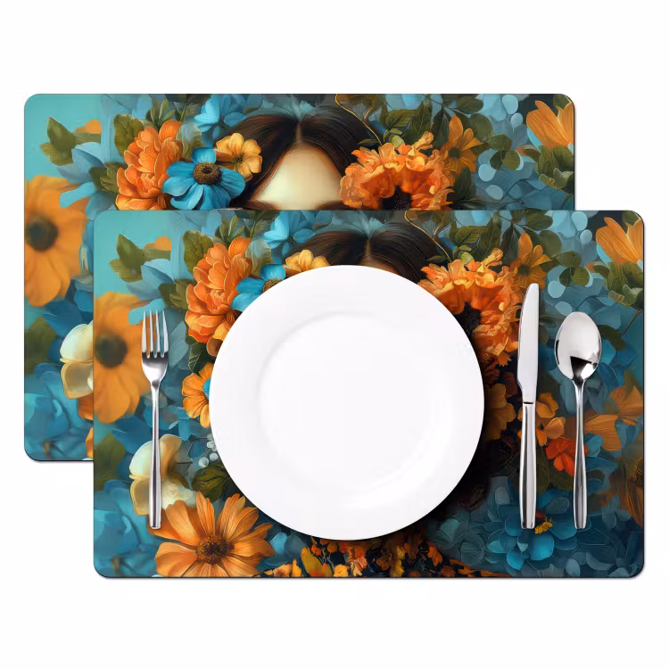 Sets de table en vinyle - Femme - Fleurs - Orange - Bleu - Moderne — 2