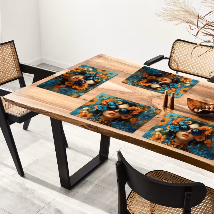 Sets de table en vinyle - Femme - Fleurs - Orange - Bleu - Moderne — 4