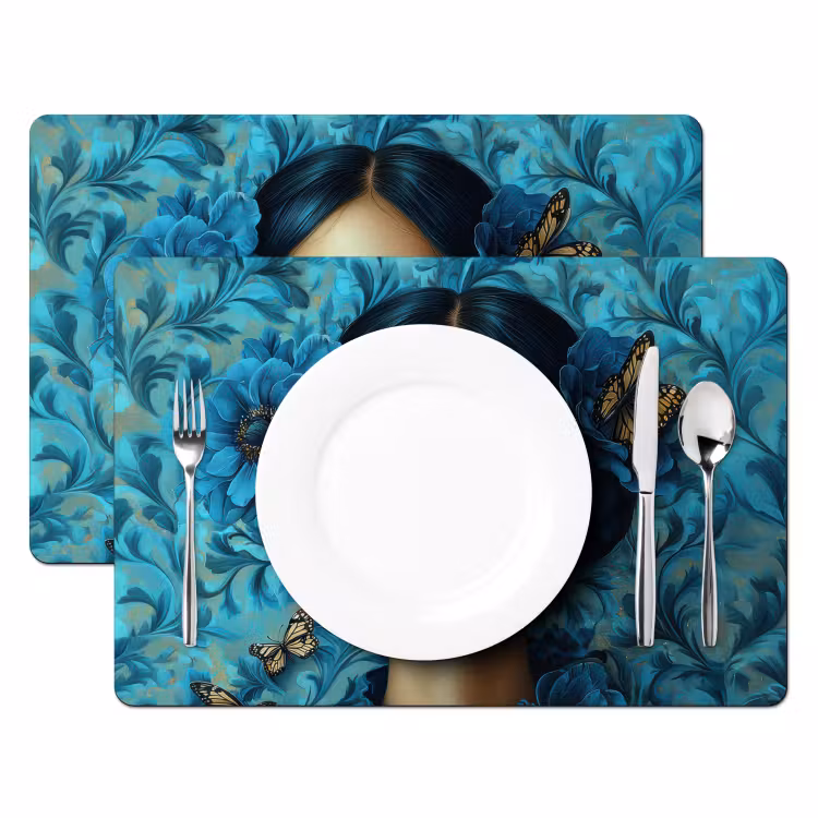 Sets de table en vinyle - Femme - Fleurs - Papillons - Bleu - Abstrait — 2