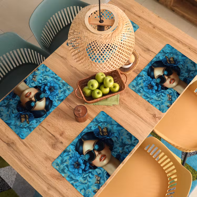 Sets de table en vinyle - Femme - Fleurs - Papillons - Bleu - Abstrait — 3