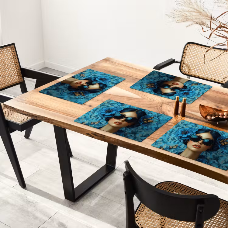 Sets de table en vinyle - Femme - Fleurs - Papillons - Bleu - Abstrait — 4