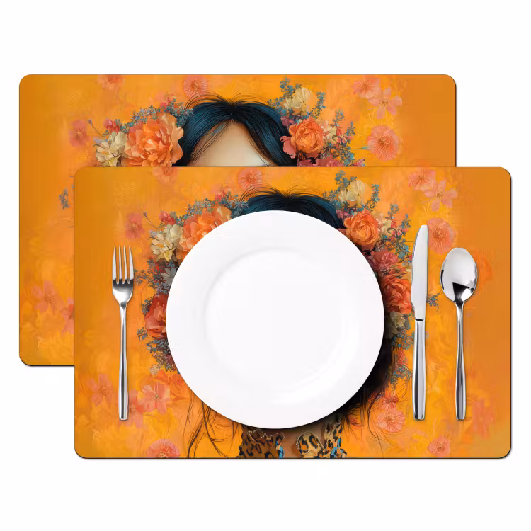 Sets de table en vinyle - Femme - Fleurs - Esthétique - Orange — 2