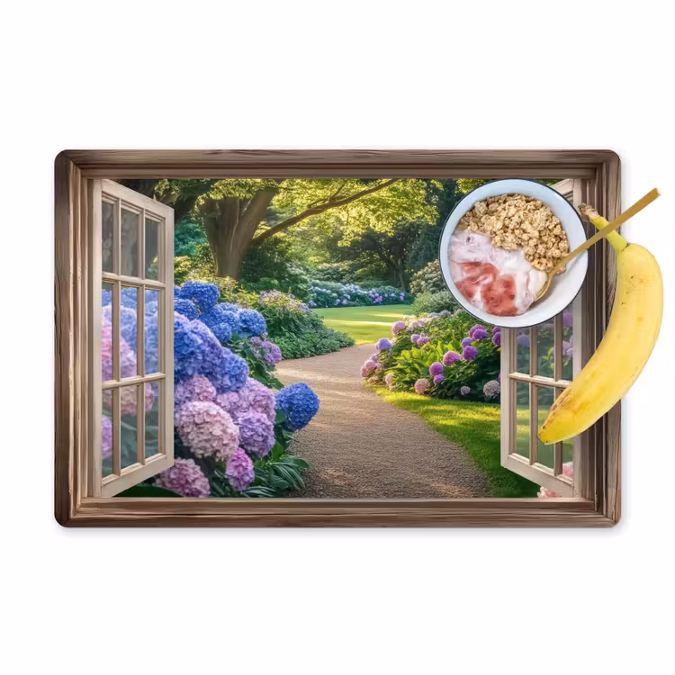 Sets de table en vinyle - Vue - Jardin - Fenêtre - Hortensia - Fleurs — 1