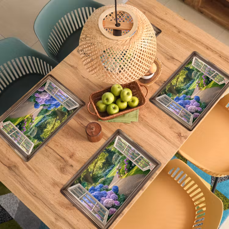 Sets de table en vinyle - Vue - Jardin - Fenêtre - Hortensia - Fleurs — 3