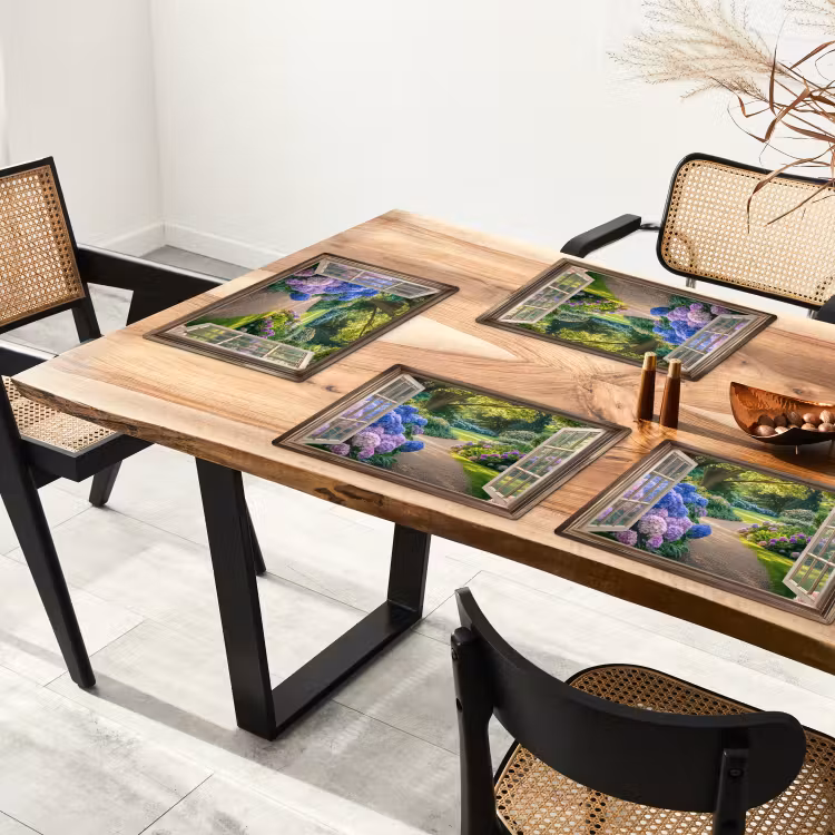 Sets de table en vinyle - Vue - Jardin - Fenêtre - Hortensia - Fleurs — 4
