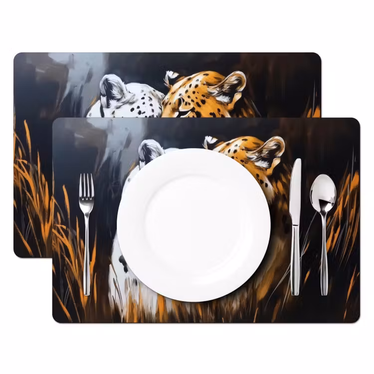 Sets de table en vinyle - Léopard - Orange - Blanc - Herbe — 2