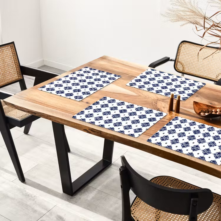 Set de table – 6 pièces - Motif carrelage - Bleu - Blanc - Fleur — 4