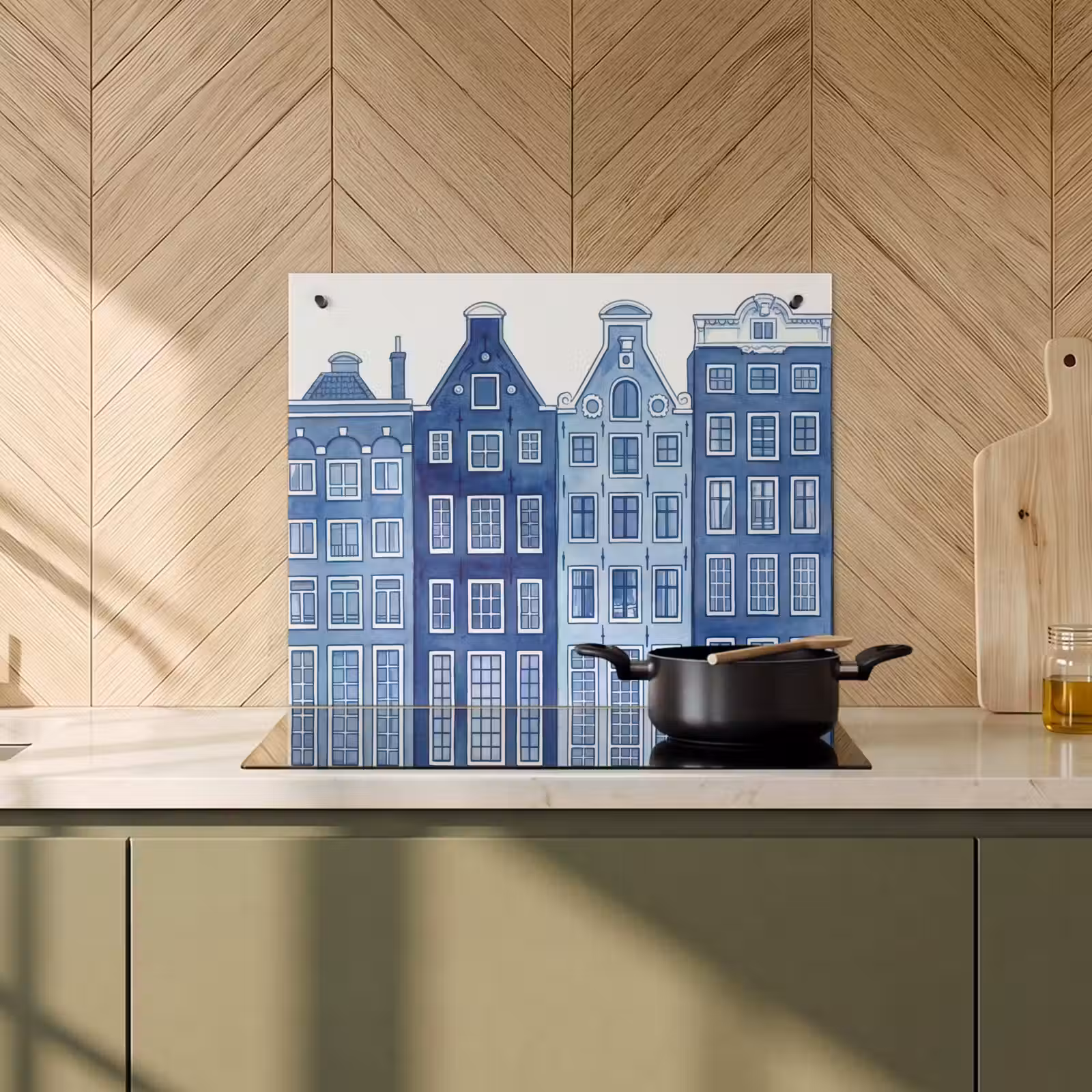 Protection à induction avec crochets - Aquarelle - Maisons sur le canal - Delftware — 1