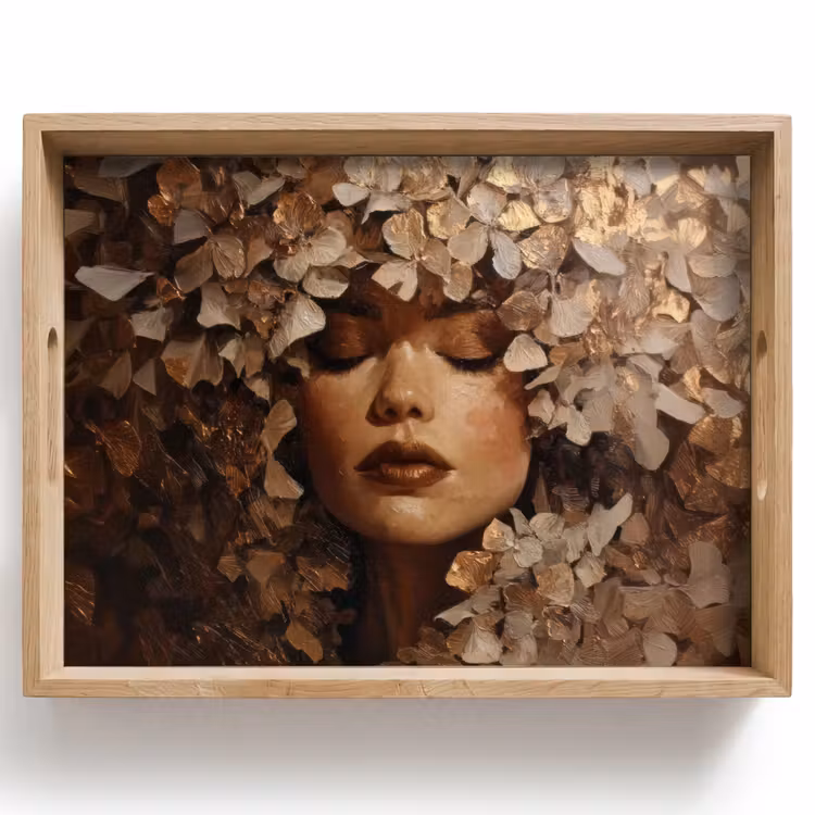 Plateau - Visage - Dame - Feuilles - Coups de pinceau — 1