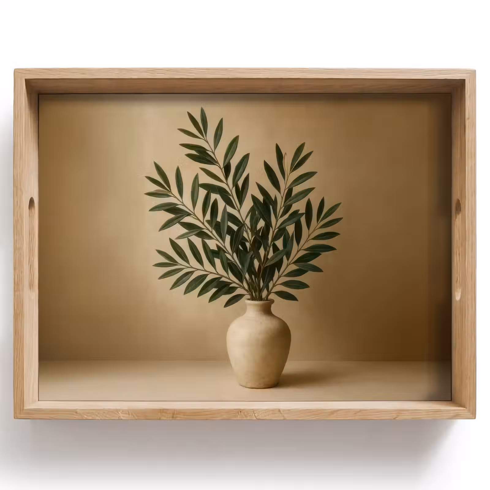 Plateau - Vase - Branches d'olivier - Feuilles - Beige — 1