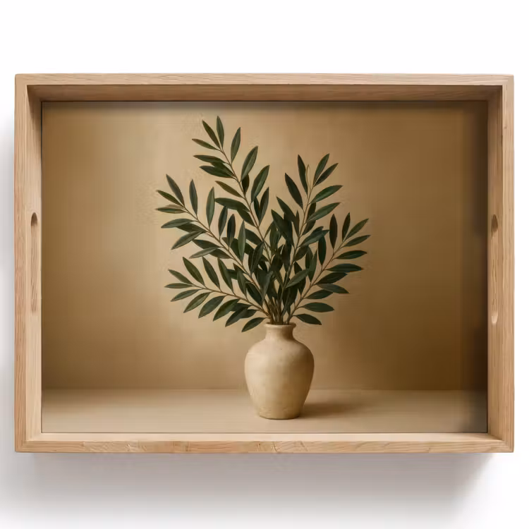 Plateau - Vase - Branches d'olivier - Feuilles - Beige — 1
