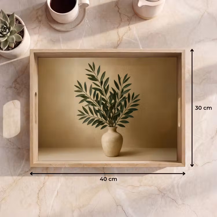 Plateau - Vase - Branches d'olivier - Feuilles - Beige — 7
