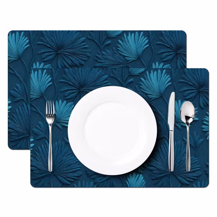 Set de table – 6 pièces - Feuilles - Gaufré - Motif - Bleu océan - Moderne — 2