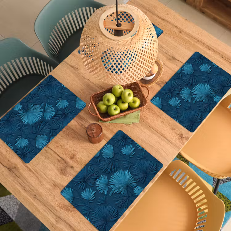 Set de table – 6 pièces - Feuilles - Gaufré - Motif - Bleu océan - Moderne — 3