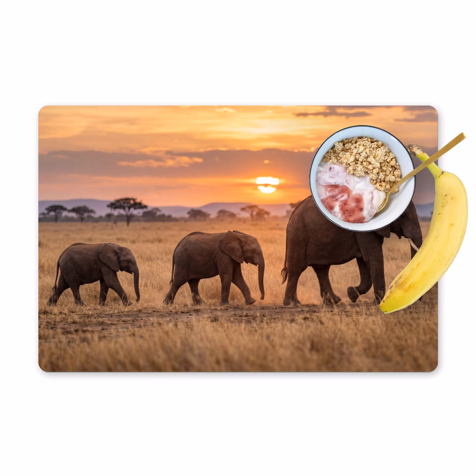 Set de table – 6 pièces - Éléphants - Savane - Coucher de soleil - Afrique - Chaud — 1