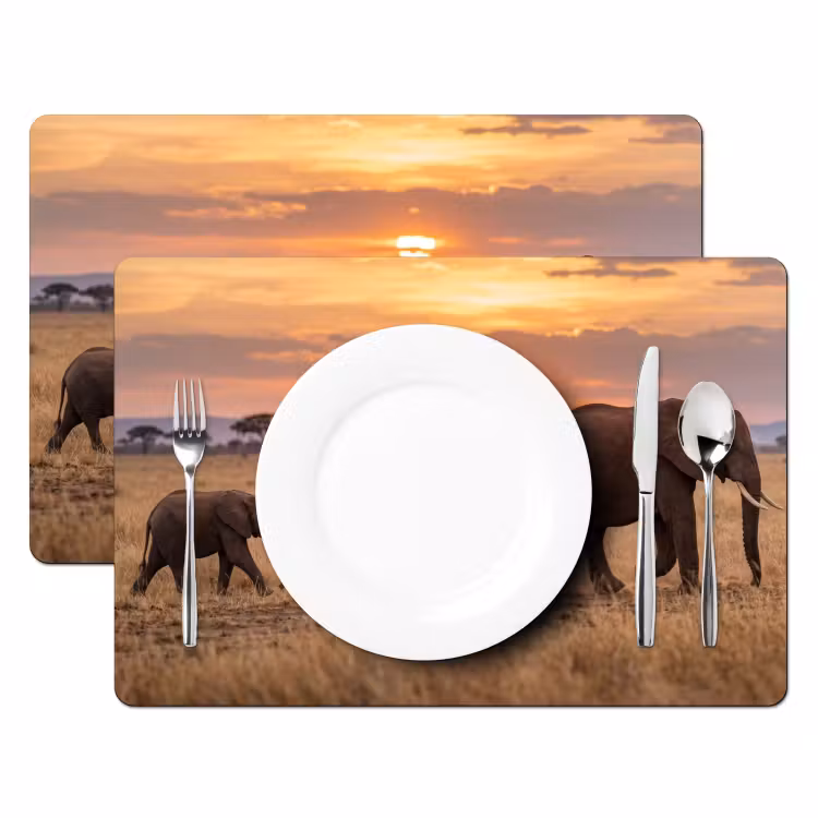 Set de table – 6 pièces - Éléphants - Savane - Coucher de soleil - Afrique - Chaud — 2