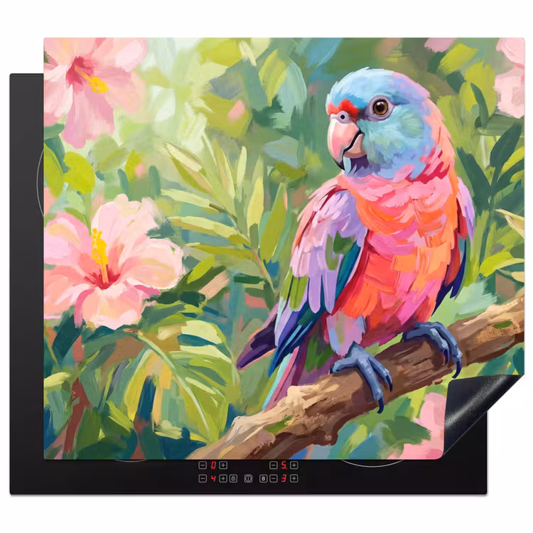 Protection plaque induction - Perroquet - fleurs d'hibiscus - coloré — 1