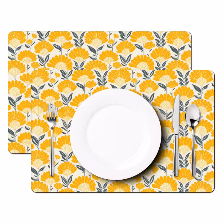 Set de table – 6 pièces - Fleurs - Rétro - Botanique - Jaune ocre - Gris — 2