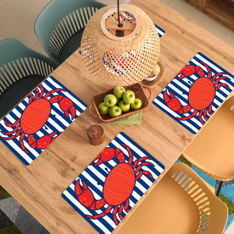 Set de table – 6 pièces - Crabe - Rayures - Vie marine - Illustration - Rouge — 3