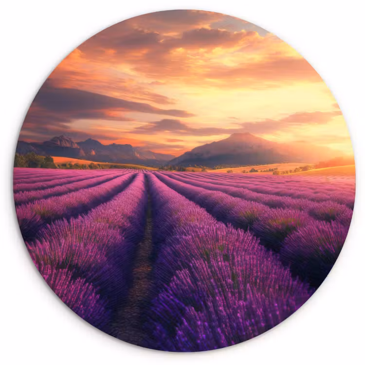 Tableau rond - Champ de lavande - Coucher de soleil - Violet — 1
