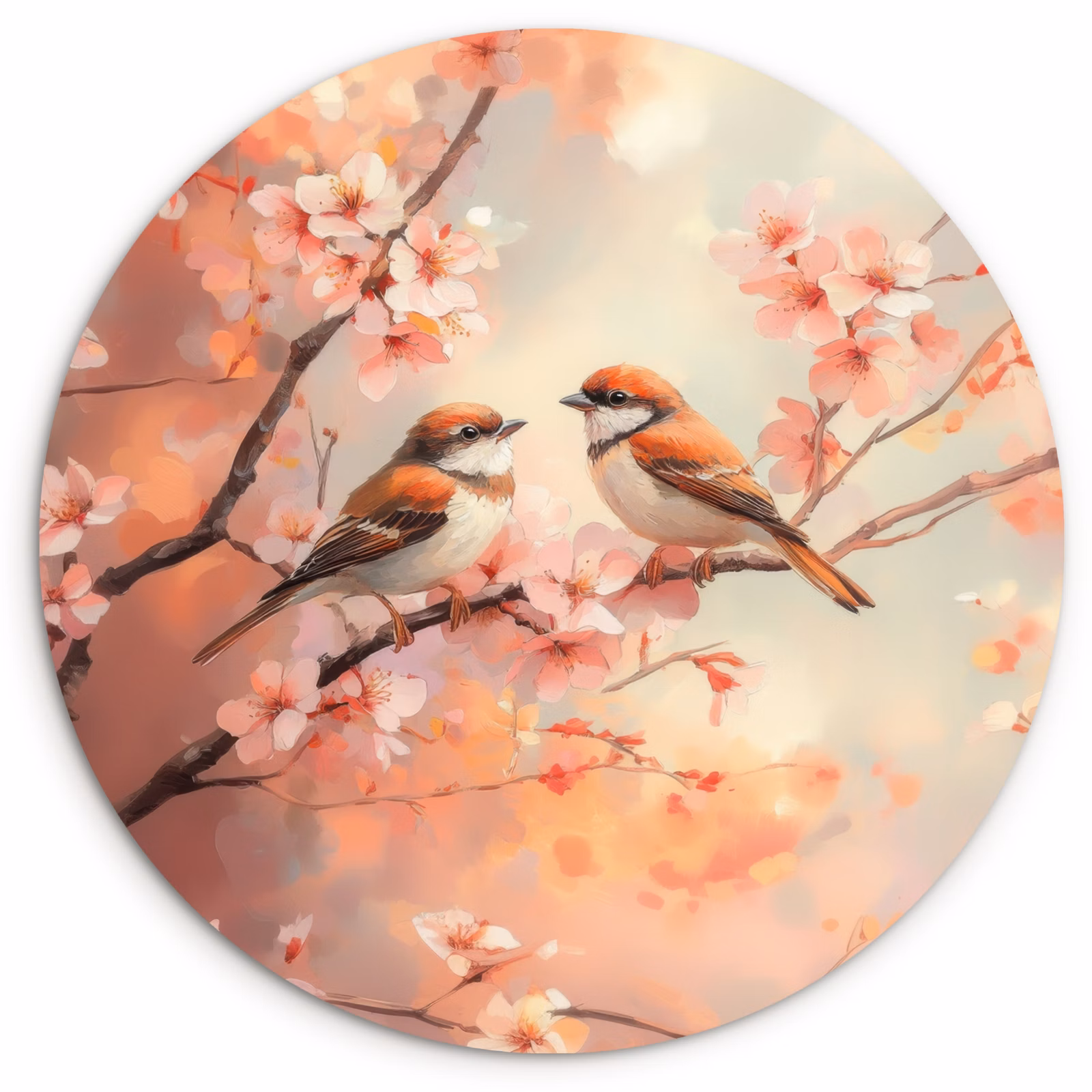Tableau rond - Oiseaux - Romantique - Branche fleurie — 1