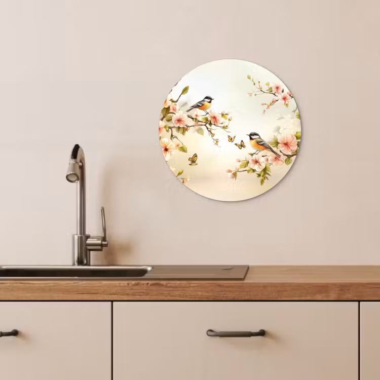 Tableau rond - Branches - Fleurs - Oiseaux - Rose — 1