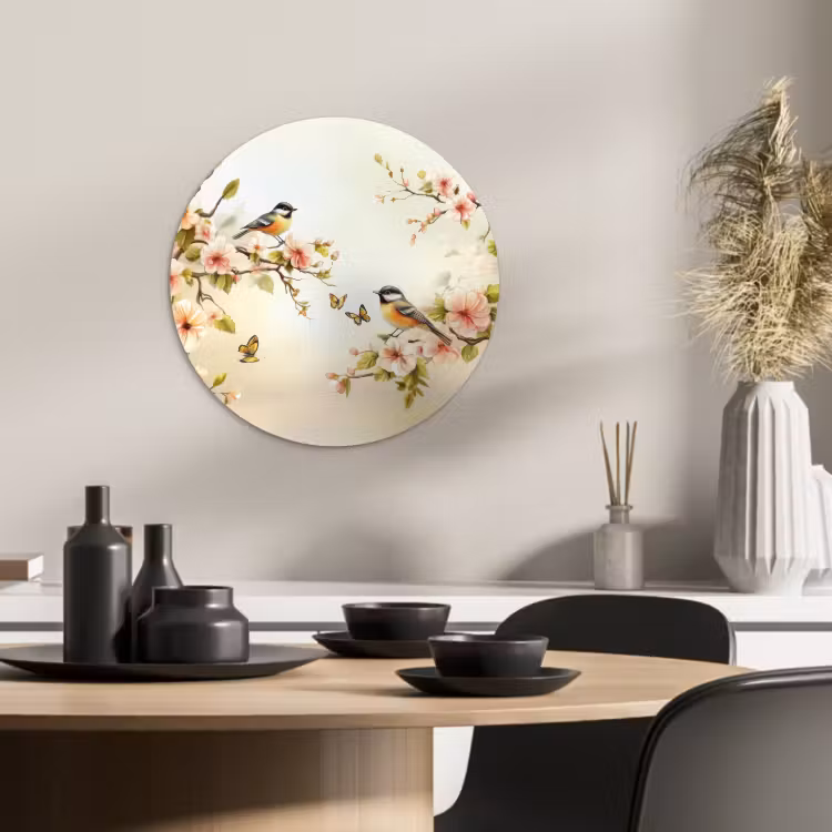 Tableau rond - Branches - Fleurs - Oiseaux - Rose — 2