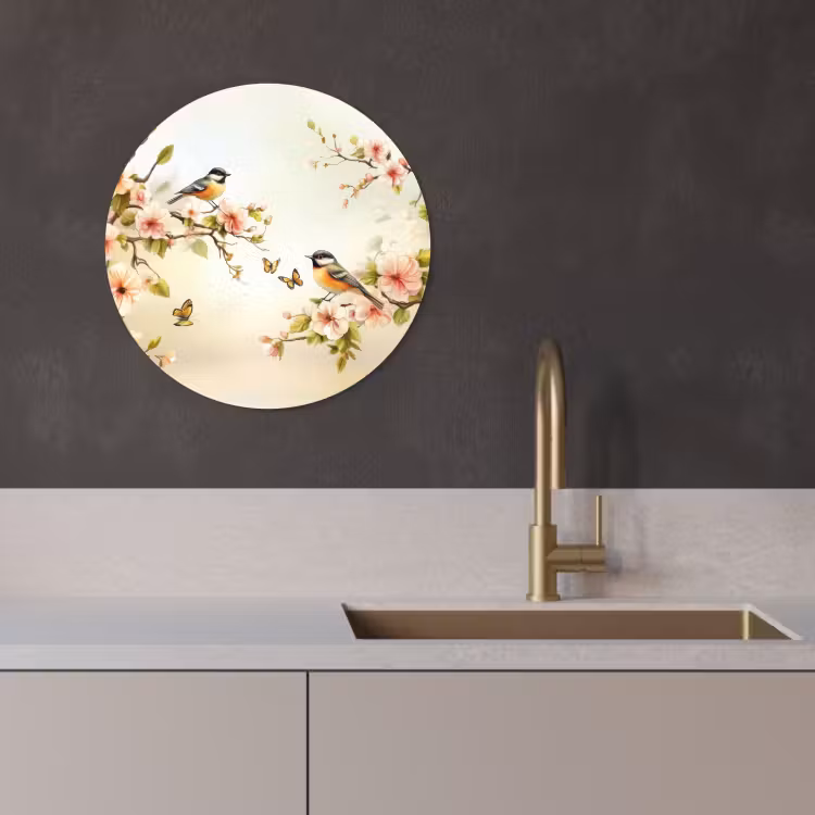 Tableau rond - Branches - Fleurs - Oiseaux - Rose — 3