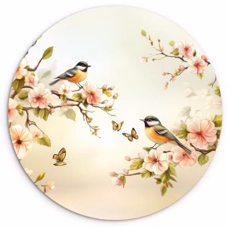 Tableau rond - Branches - Fleurs - Oiseaux - Rose — 4