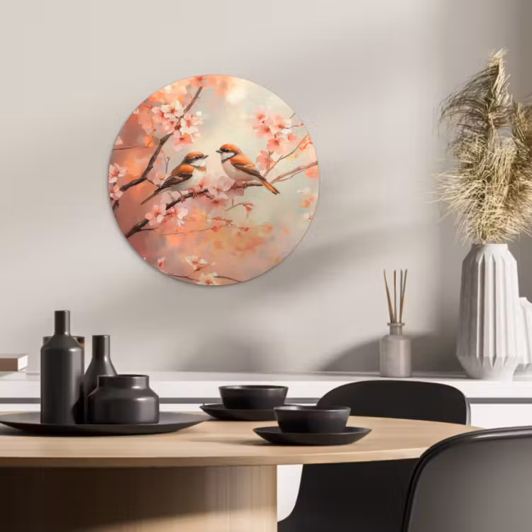 Tableau rond - Oiseaux - Romantique - Branche fleurie — 2