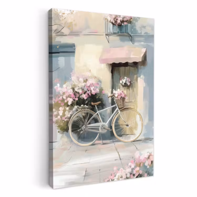 Tableau sur toile - Bicyclette - Couleurs pastel - Fleurs — 1