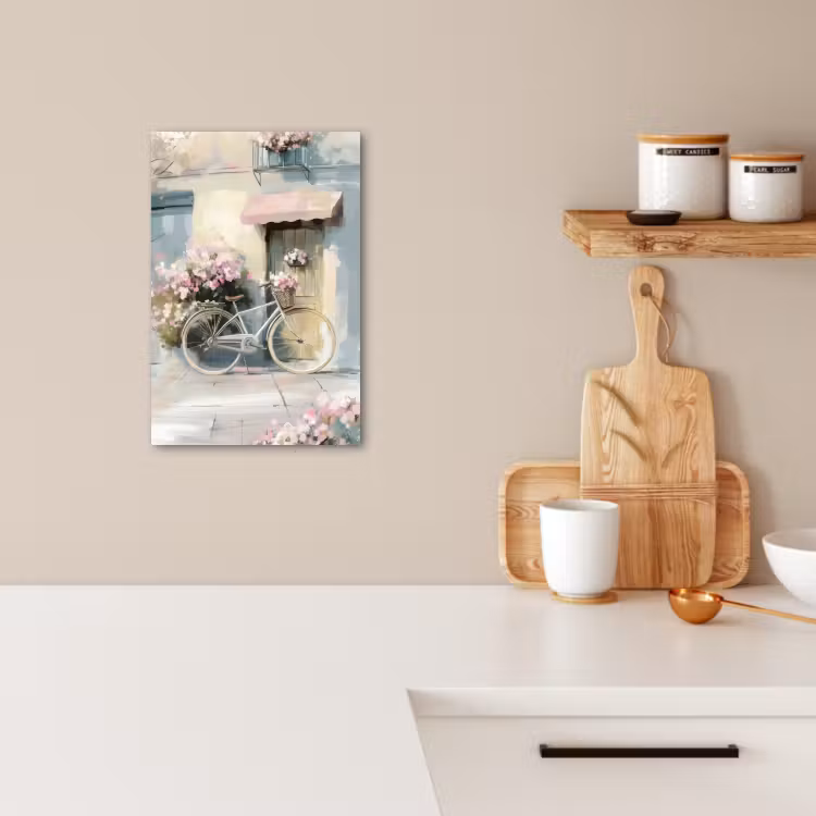 Tableau sur toile - Bicyclette - Couleurs pastel - Fleurs — 4