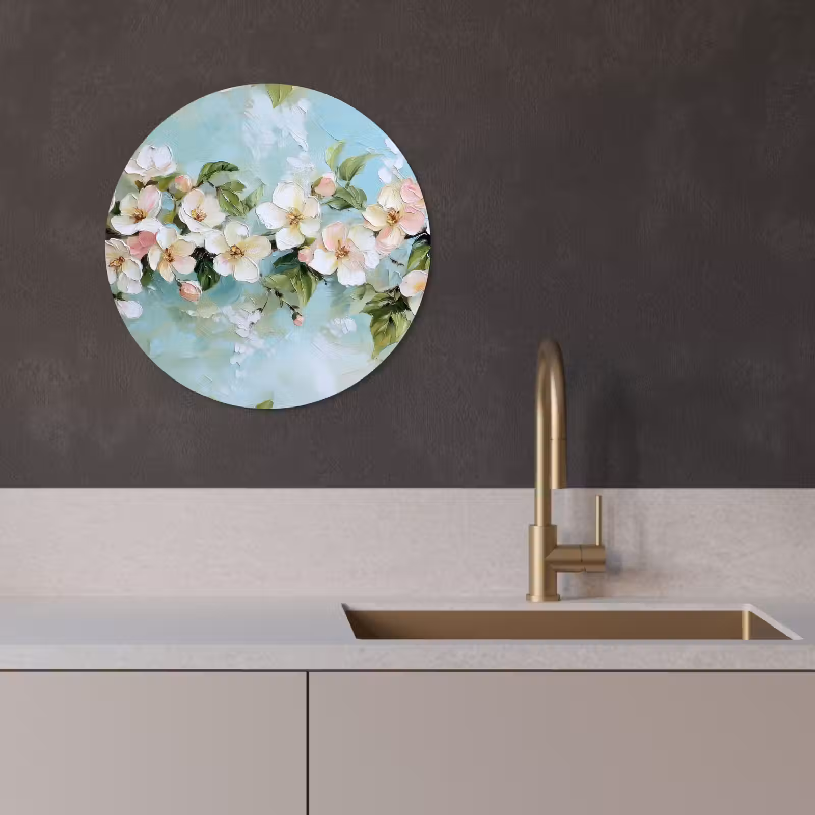 Tableau rond - Fleur - Feuilles - Bleu clair — 1