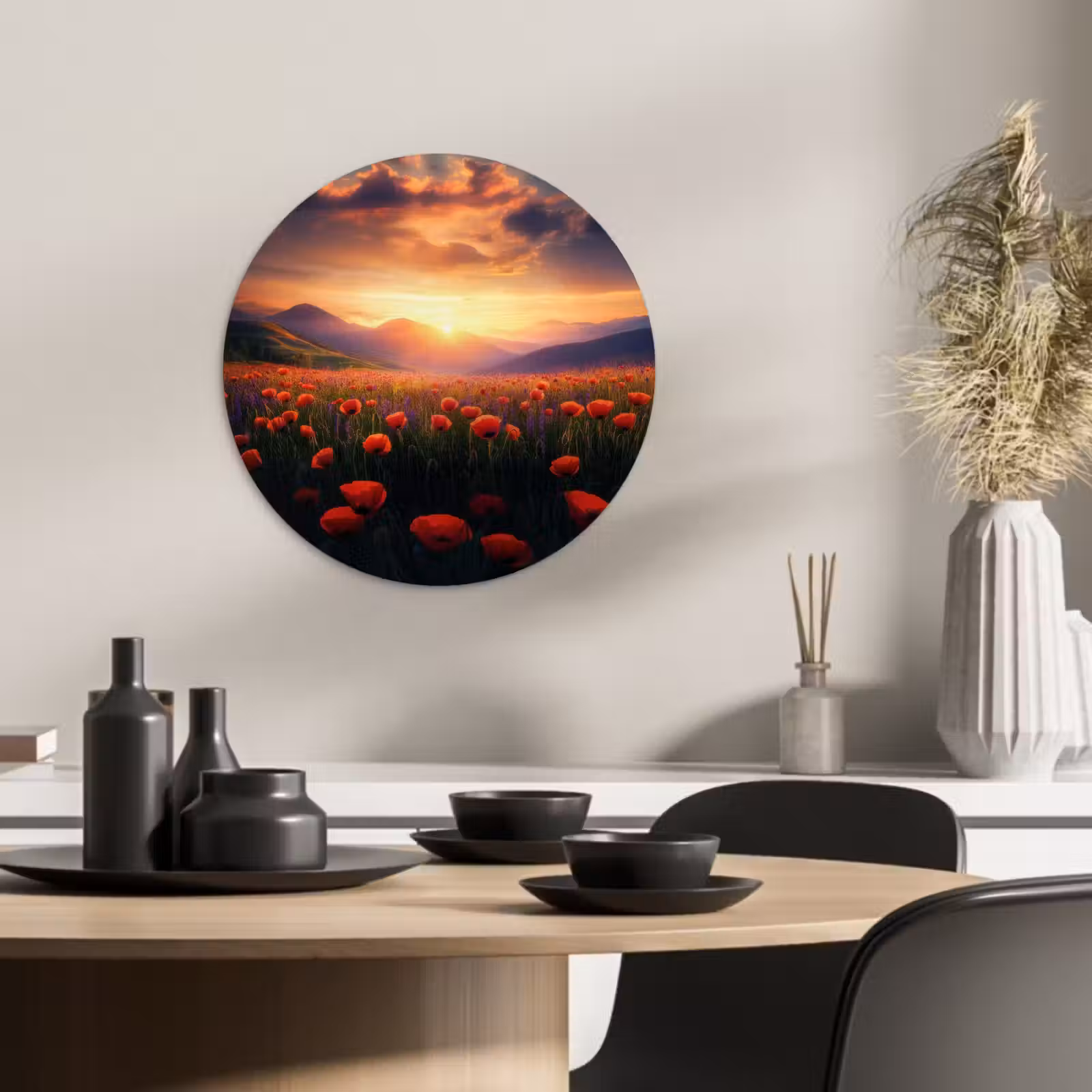 Tableau rond - Paysage - Coucher de soleil - Champ de fleurs — 1